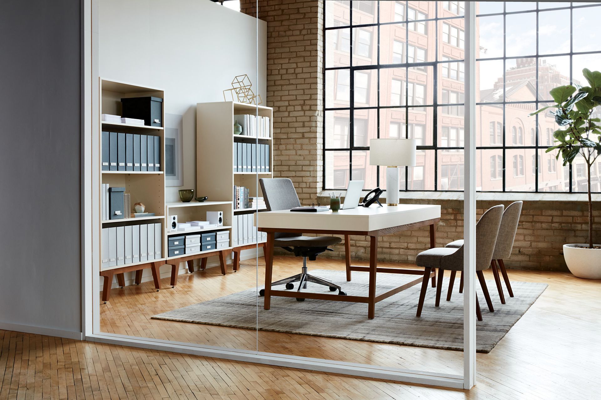 Office space with glass walls, desk, chairs, bookshelves, rug, and large windows.