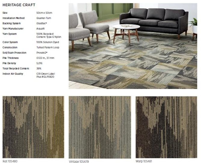 A room with a patterned rug, sofa, chairs, and coffee table. Three carpet tile swatches shown.