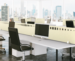 Bright modern office with rows of computers and cityscape views.