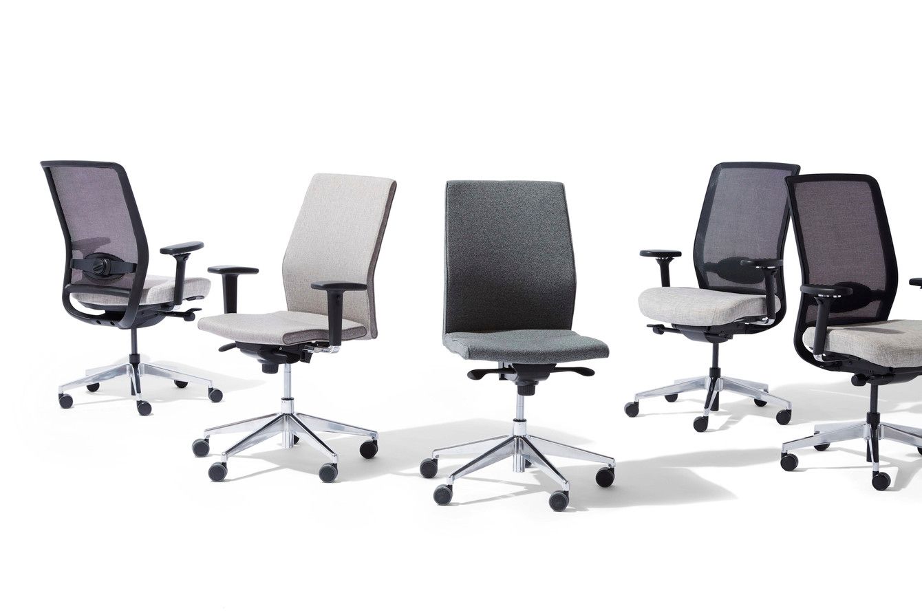 Office chairs on a white background, different designs with varying backrests and armrests.