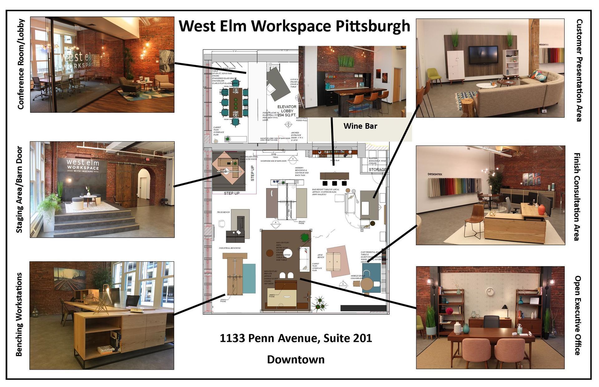 Floor plan with photos of the West Elm Workspace in Pittsburgh, showing office spaces and furniture.
