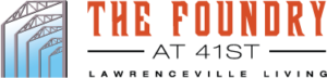 Logo for The Foundry at 41st, Lawrenceville Living. Orange text on white background with blue architectural graphic.