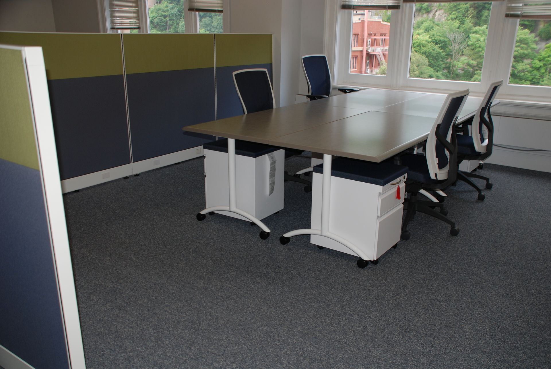 Office with a table, chairs, cubicle walls, and window overlooking trees. Carpeted floor.