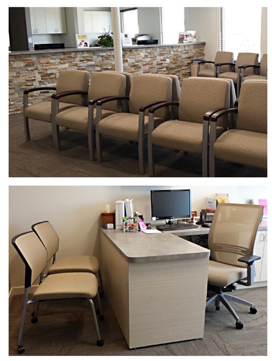 Top: Waiting room with tan chairs and a stone accent wall. Bottom: Desk with two chairs and a rolling chair.