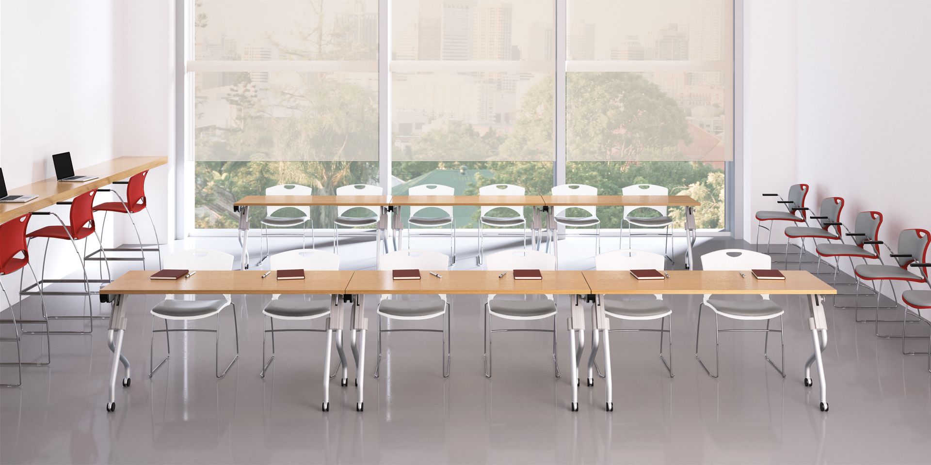 Classroom with tables, chairs, computers, and window with natural light.
