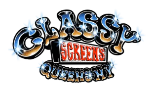 Logo for Classy Screens in Queens, NY; features text with a diamond-like sparkle effect, the word "Screens" highlighted.