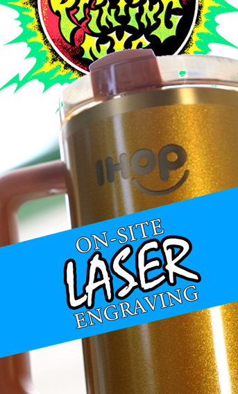 Gold IHOP mug with laser engraving promotion, blue banner.