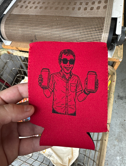 Red beverage cooler with a drawing of a person holding two cans.