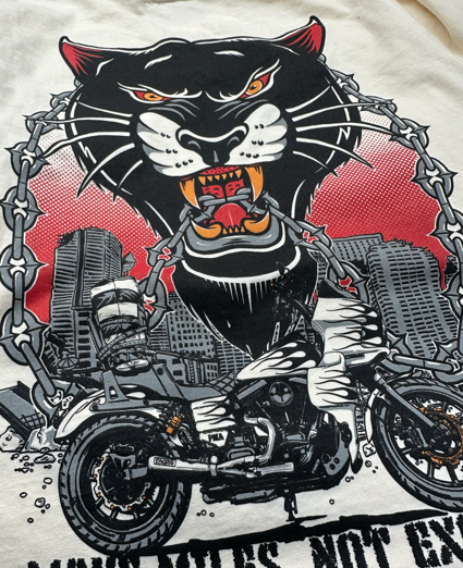 Black panther head with snarling expression and motorcycle chained, red background, cityscape.