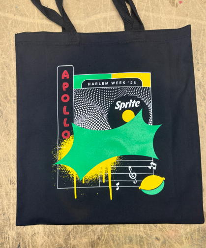 Black tote bag with Apollo Theater graphic: 