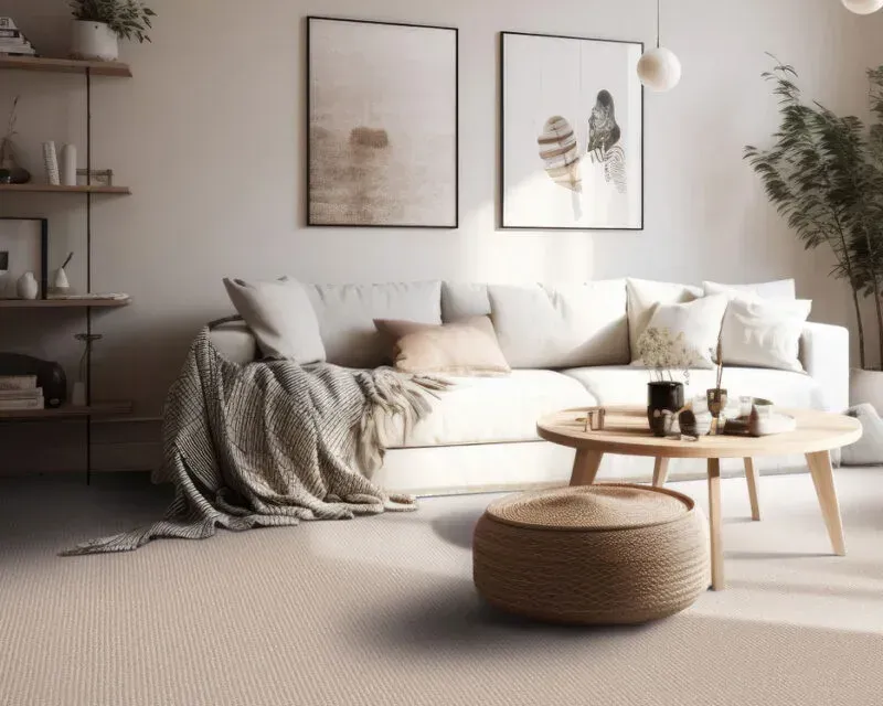 Cozy living room with cream sofa, wooden coffee table, and woven ottoman. Light beige carpet and neutral artwork.
