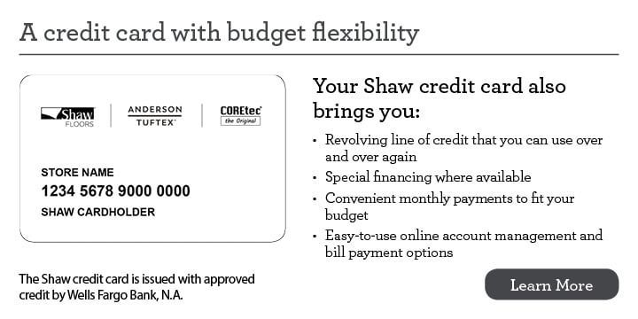 Credit card advertisement with card sample and benefits. Features revolving credit, financing, and online management.