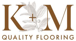 Logo: Brown "K+M" with floral graphic, "QUALITY FLOORING" below.
