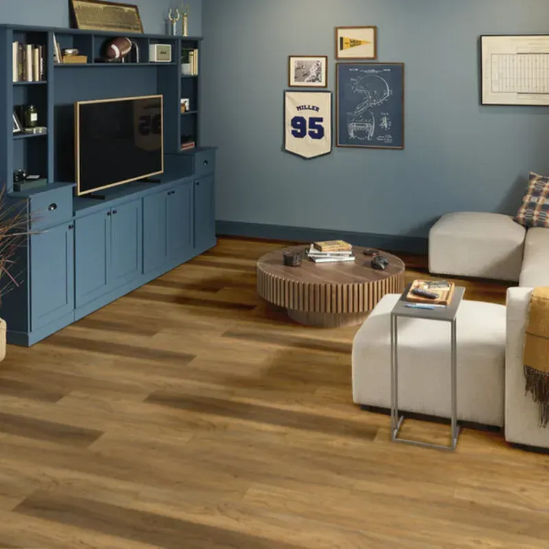 Living room with blue entertainment center, light-colored sectional sofa, and wood-look flooring.