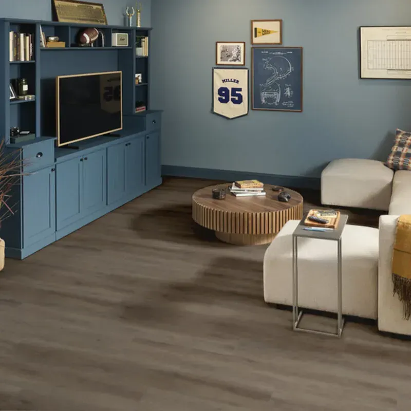 Living room with blue built-in cabinets, sectional sofa, round coffee table, and dark wood-look flooring.