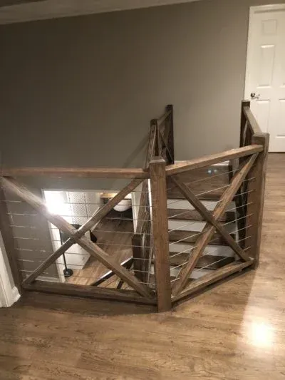 Wooden gate with wire mesh on stairs. Light-colored wood, gray walls, and a white door are visible.
