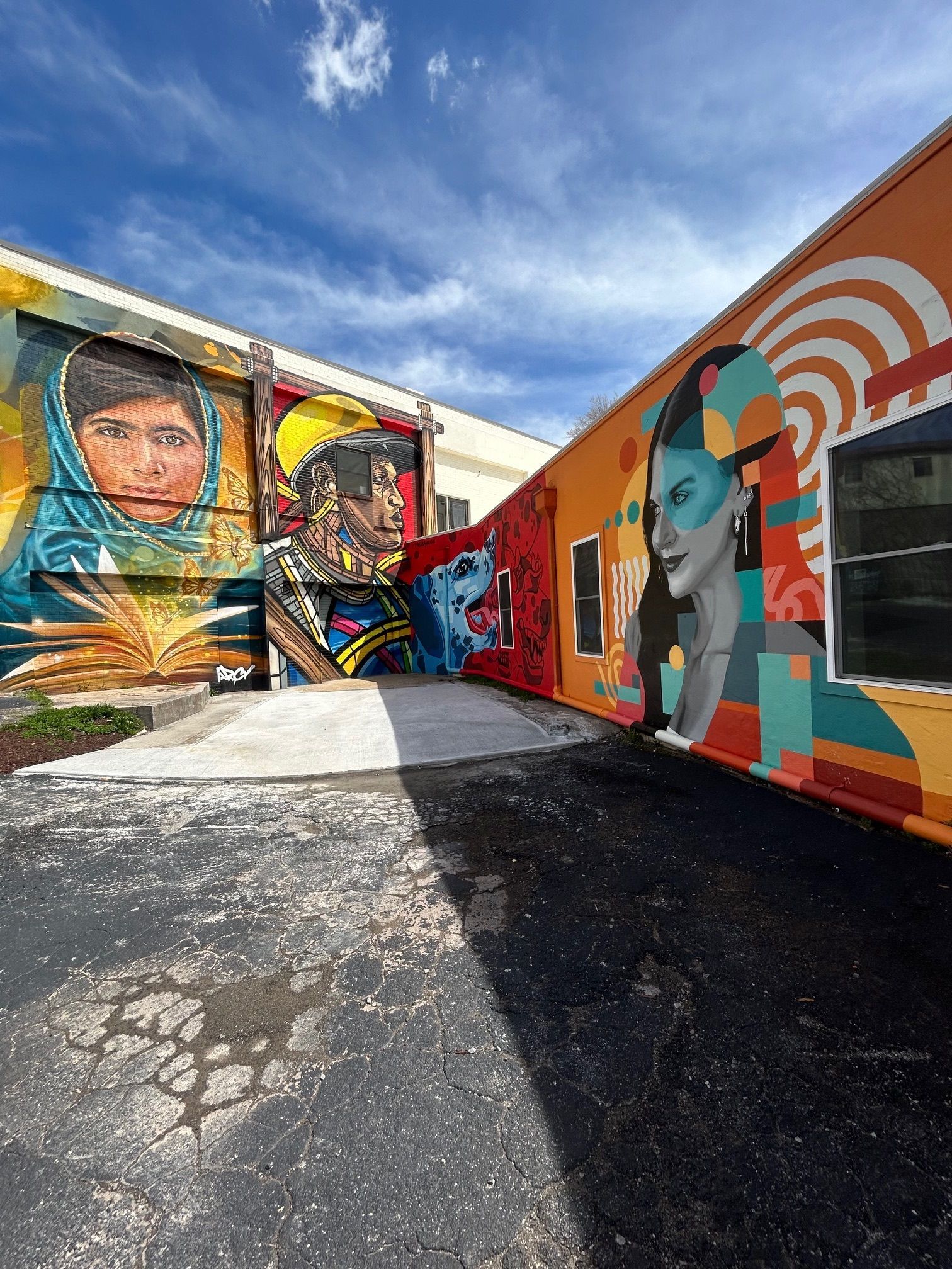 Colorful murals on building exterior with a woman's portrait, another with a person in a scarf, and a blue sky above.