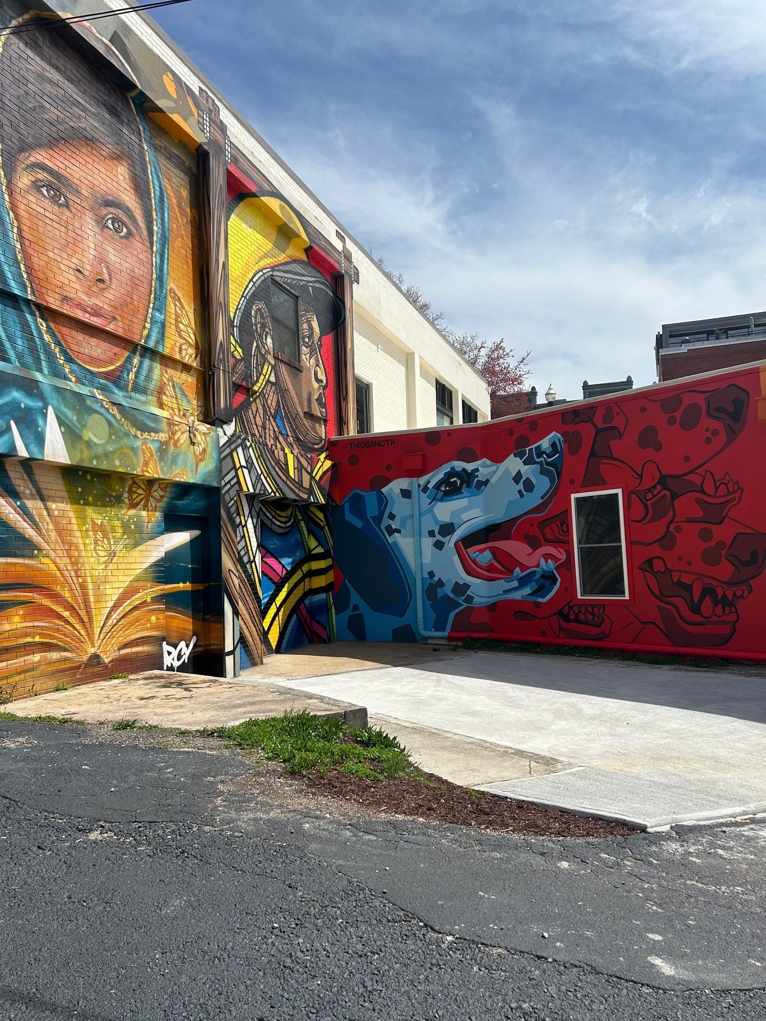 Colorful murals on a building's exterior, including a portrait, abstract figures, and a blue dog with its tongue out.