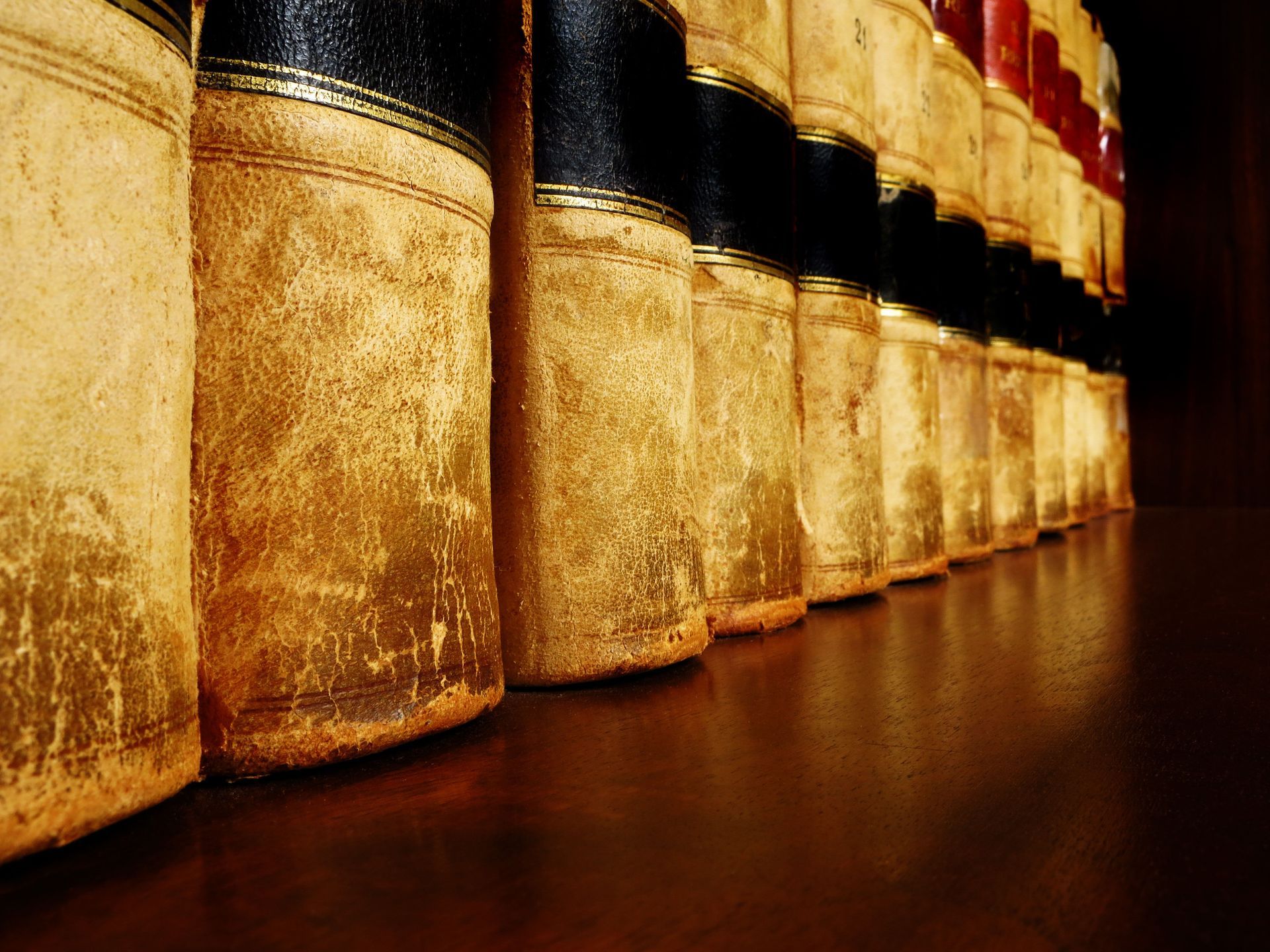 Row of gold leather-bound books on a shelf in warm light