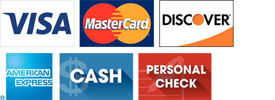 Visa, MasterCard, American express, Discover, Cash, Personal check