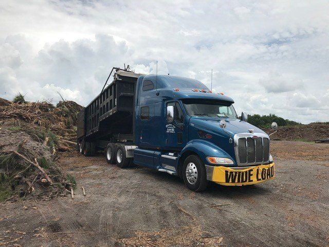 Blue semi-truck dumping debris at a wooded area, 