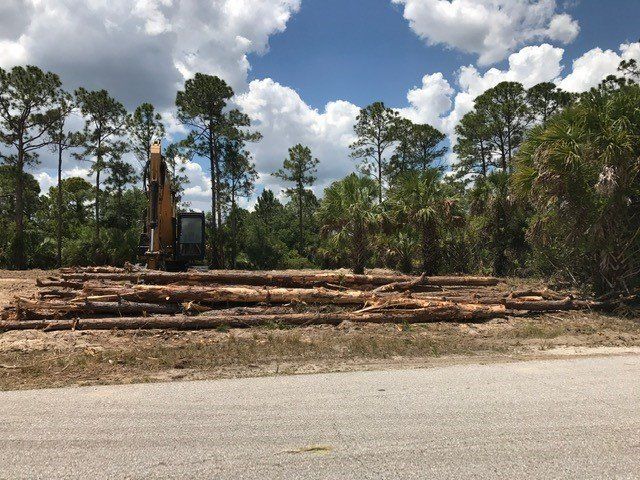 Logs and a yellow excavator on a cleared lot with trees in the background, under a cloudy sky.