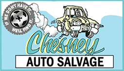 Logo for Chesney Auto Salvage: Car emitting smoke, text "If we don't have it...we'll find it," and business name.