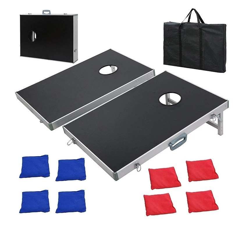 Two cornhole boards with blue and red bags and a bag