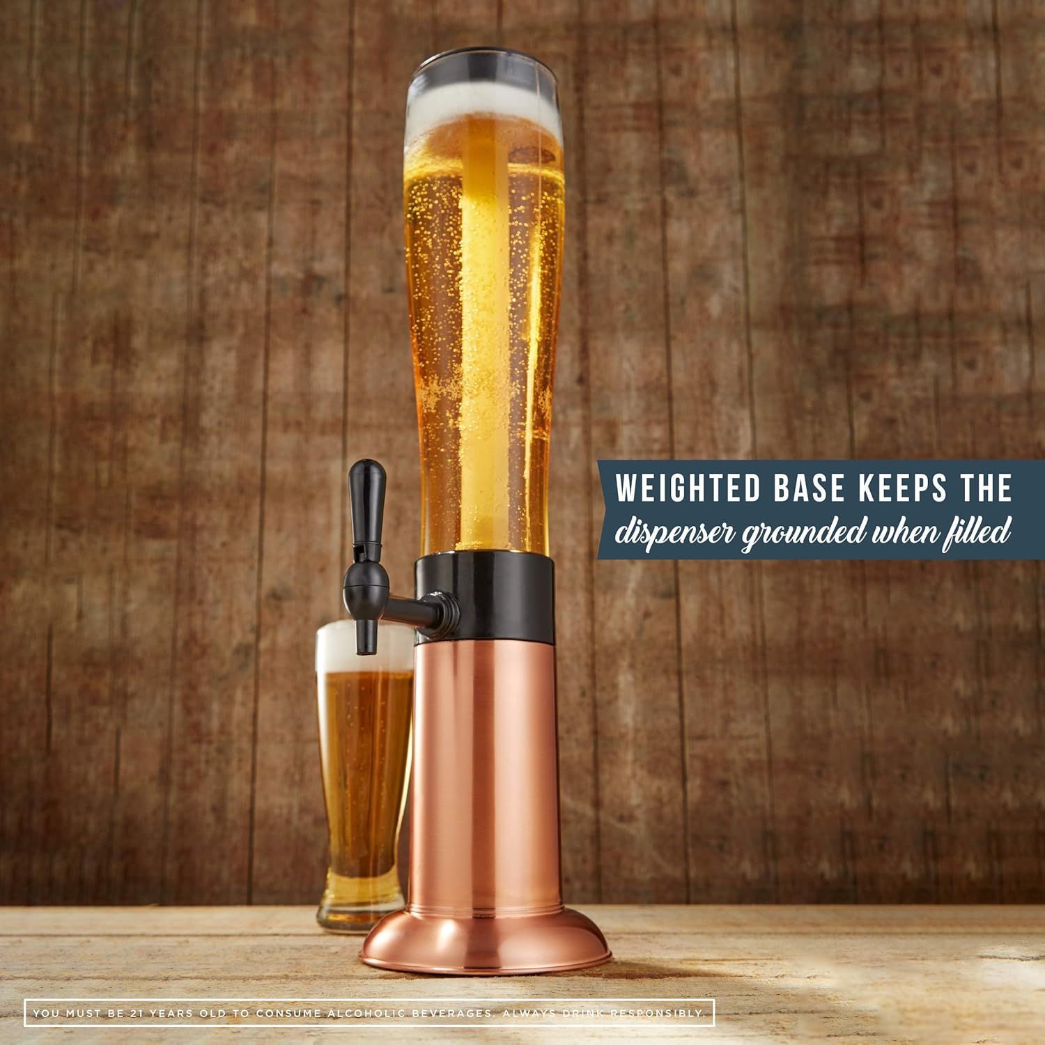 A beer dispenser with a weighted base keeps the dispenser grounded when filled