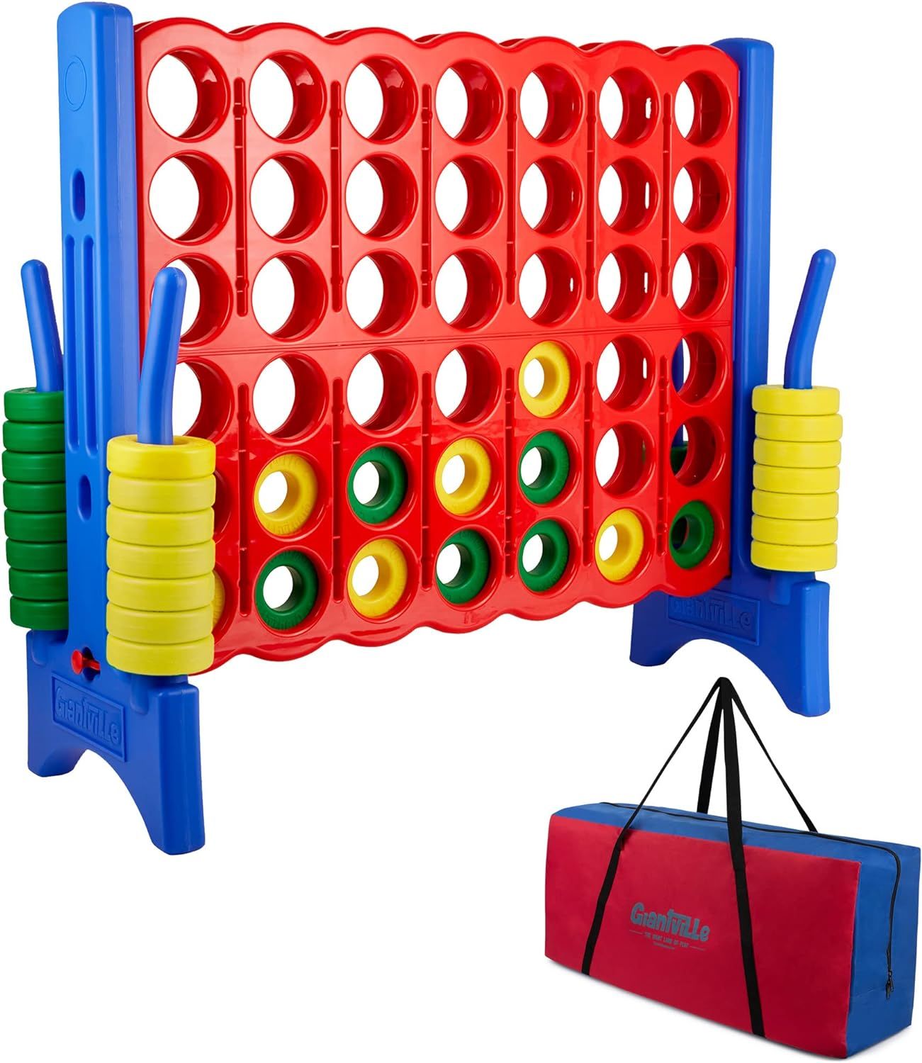 A giant connect four game with a carrying case