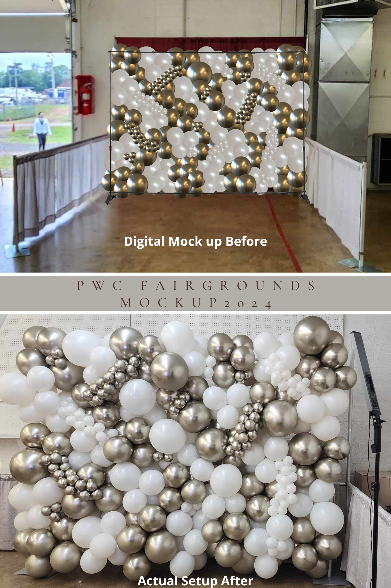 A virtual representation and an actual photo of a balloon wall.