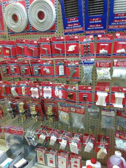 A display of mobile home accessories in a hardware store