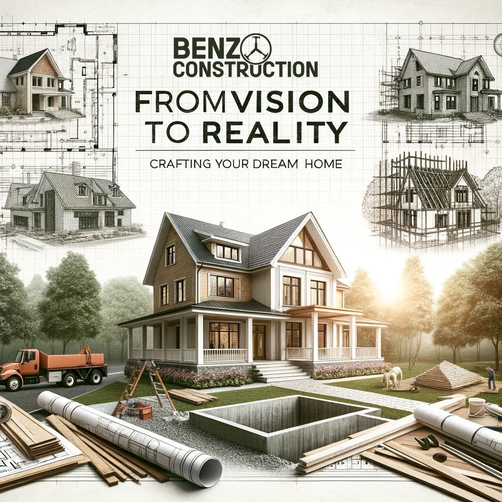 Construction ad with house blueprint, home under construction, tools, and text “From Vision to Reality”