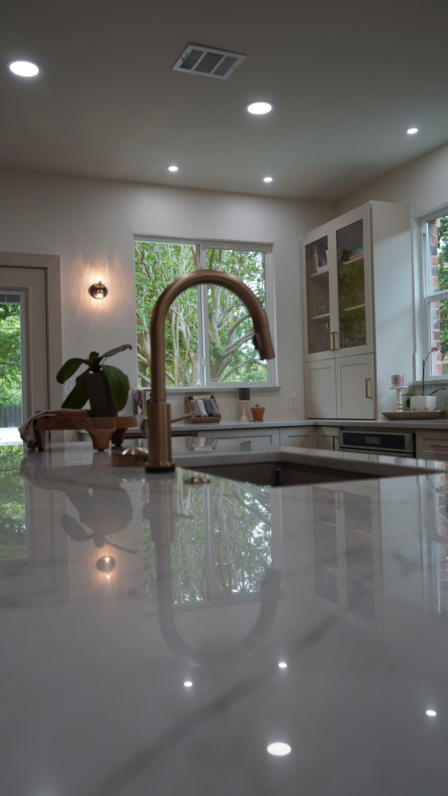 Modern kitchen with glossy island, stainless faucet, potted plant, and large window overlooking greenery