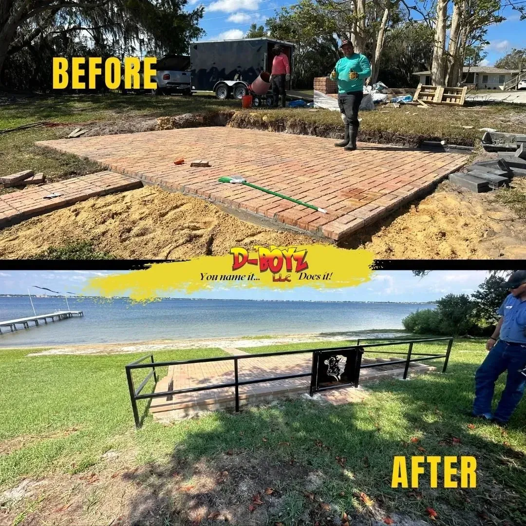 Before-and-after of a beachside platform build, showing timber framing under construction and finished railing by the water