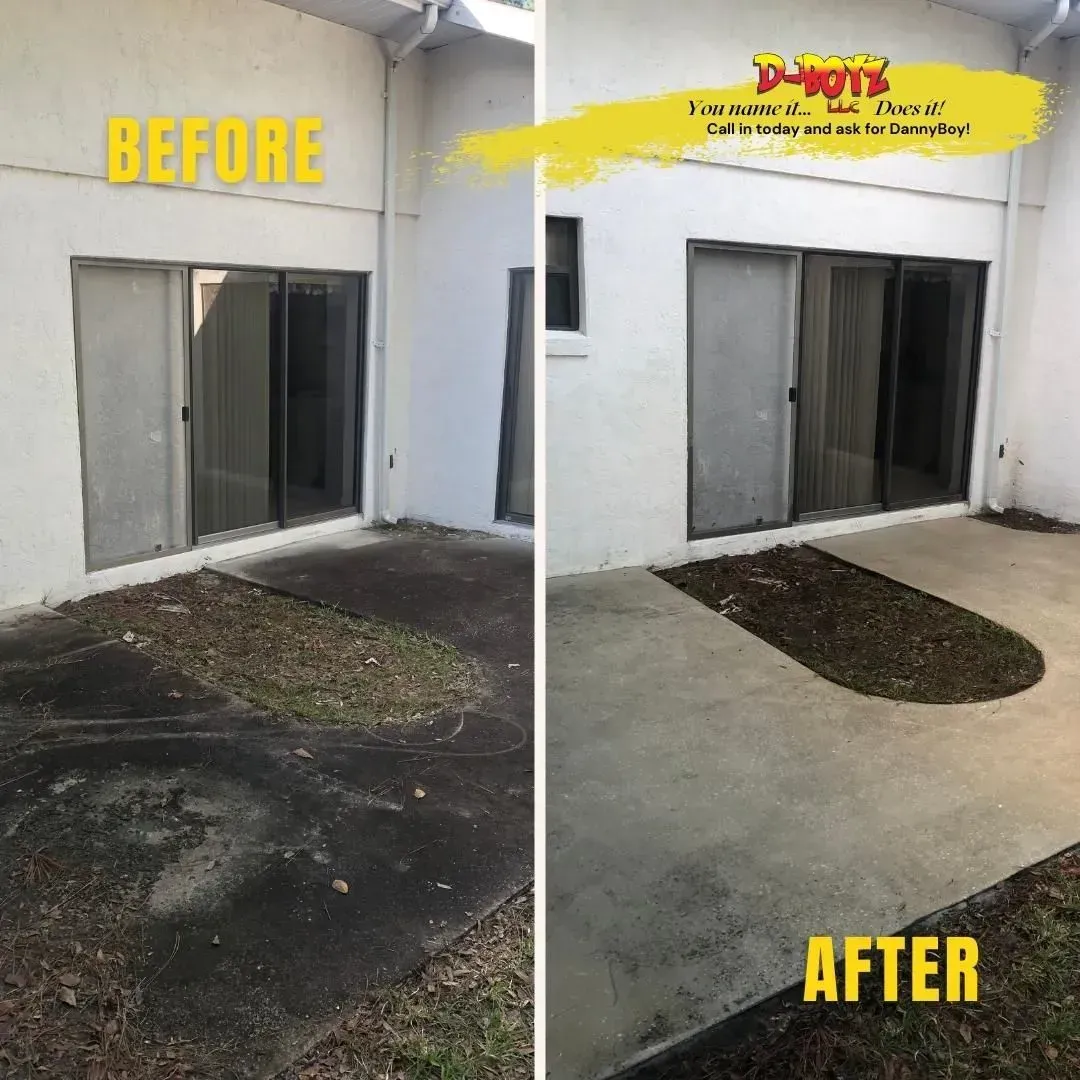 Before-and-after of a patio cleanup: dirty concrete and debris replaced by a clean, resurfaced walkway.
