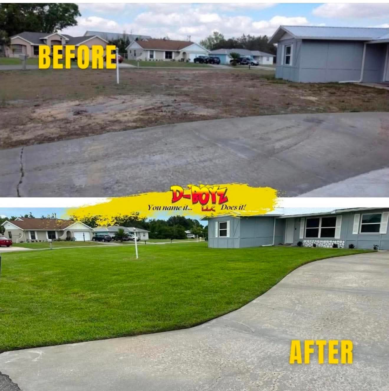 Before-and-after lawn renovation: bare dirt becomes a lush green yard beside a house and driveway.