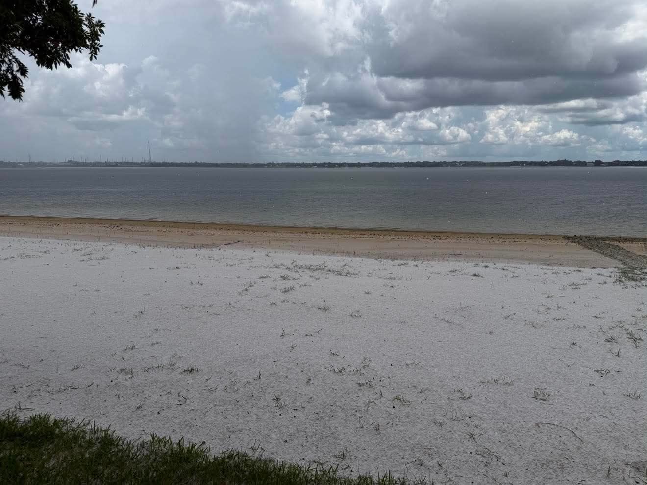 Overcast beach with calm water, gray clouds, and a sandy shoreline