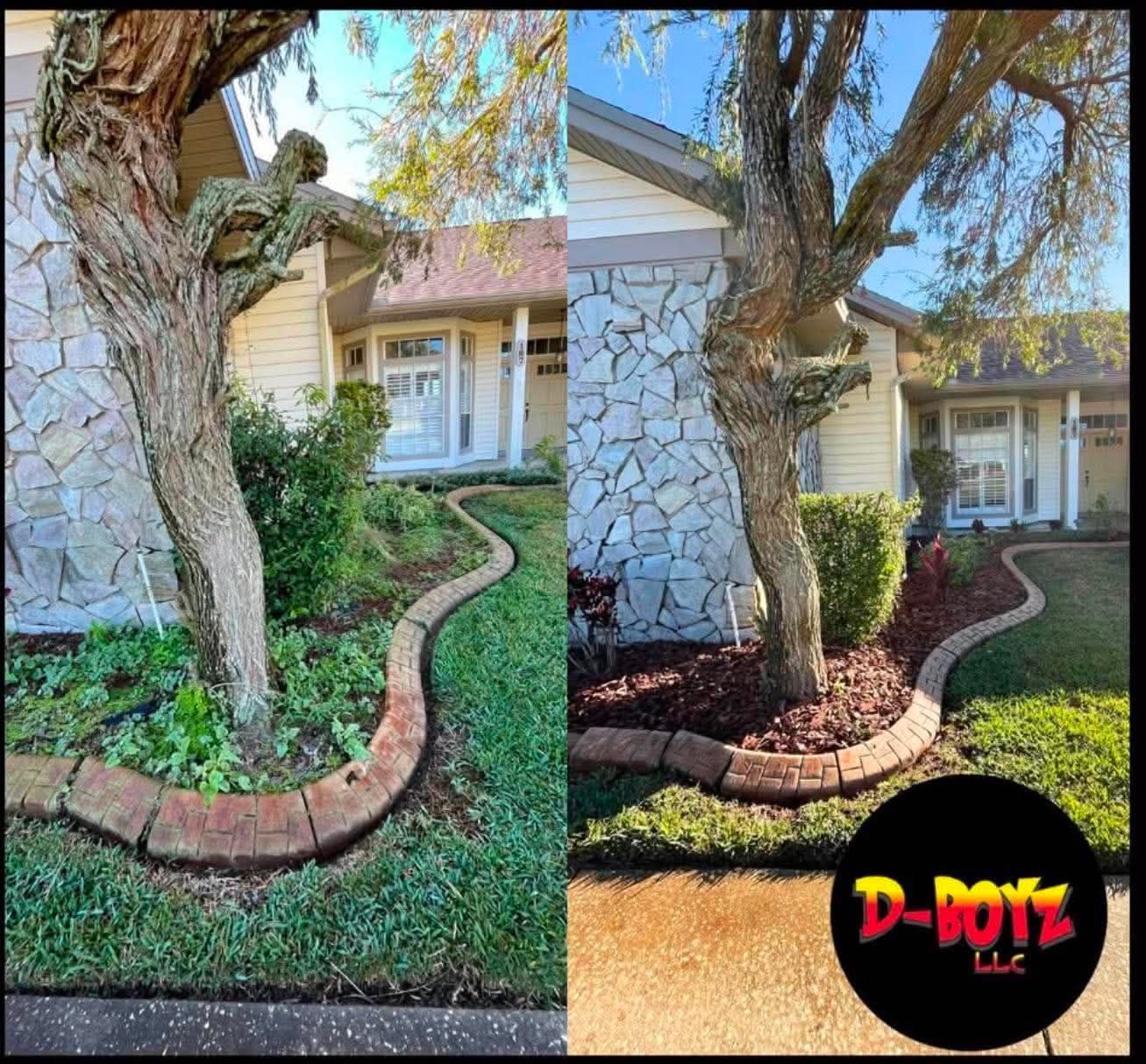 Front yard landscaping with curving brick border beside a stone-and-siding house; before-and-after split view.