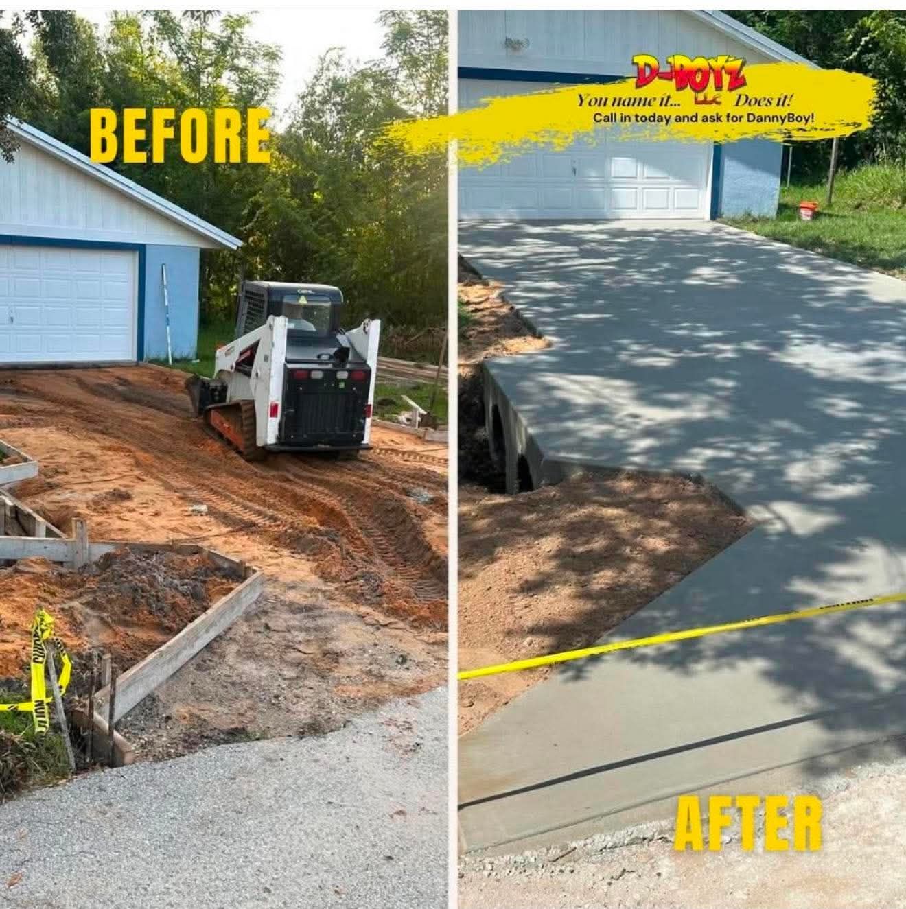 Before-and-after driveway repair beside a garage, showing muddy ground replaced with smooth concrete.