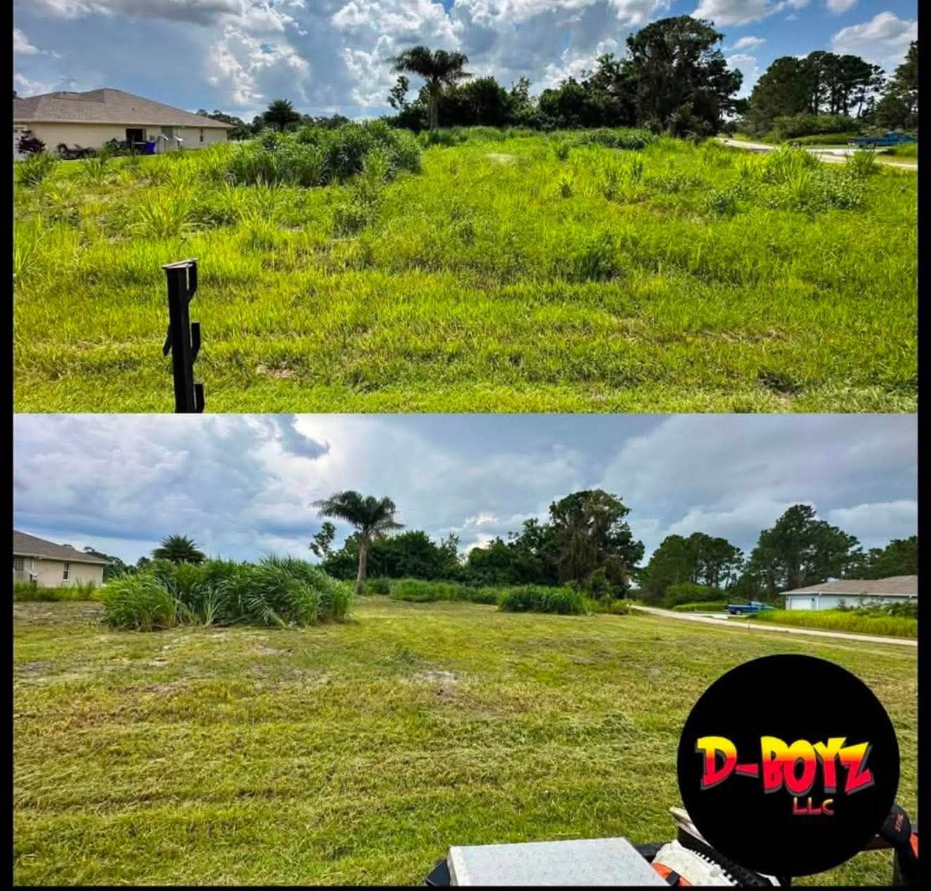 Grassy vacant lot before-and-after mowing, with houses and trees under a partly cloudy sky.