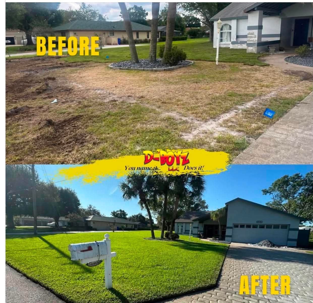 Before-and-after lawn makeover: bare yard transforms to lush green grass with a real estate sign.
