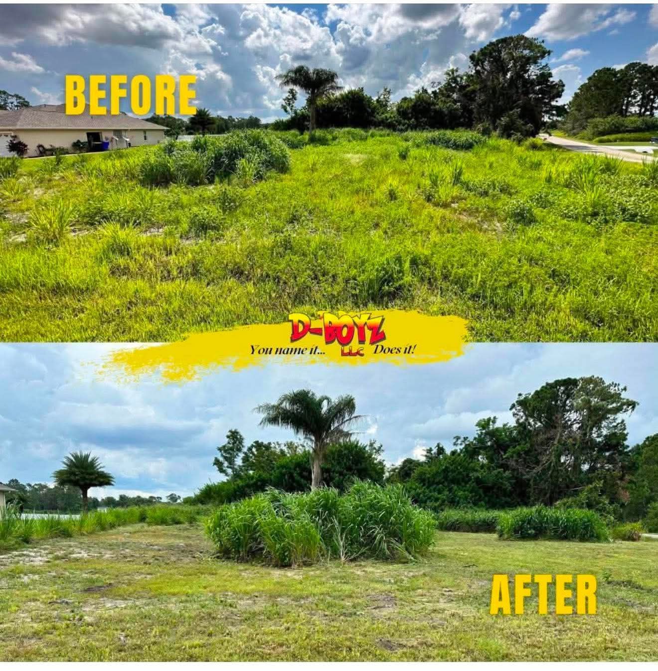 Before-and-after view of a grassy lot cleared into open ground with trees under a cloudy sky.