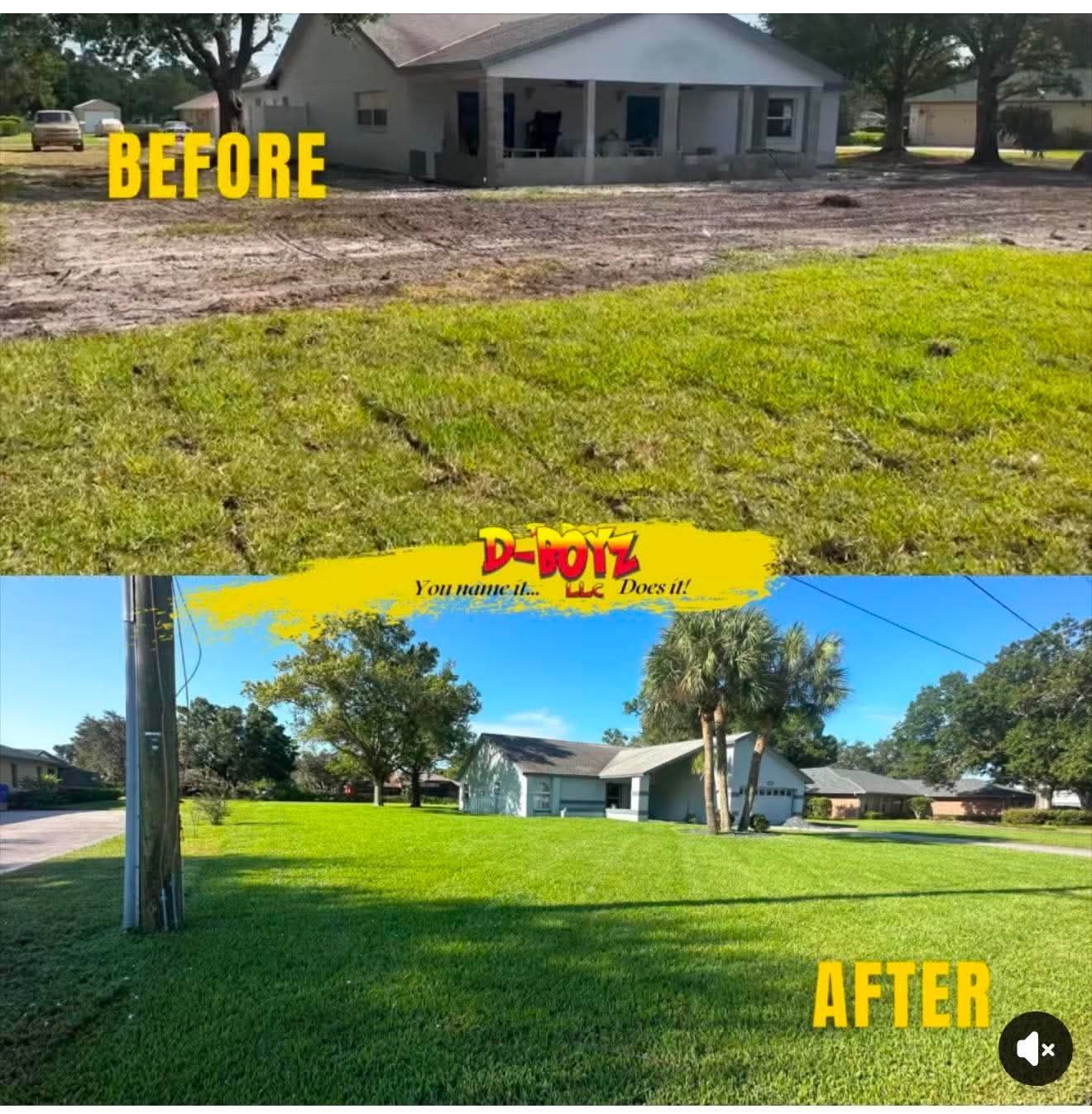 Before-and-after lawn care photo: bare yard transformed into lush green grass under a sunny sky.