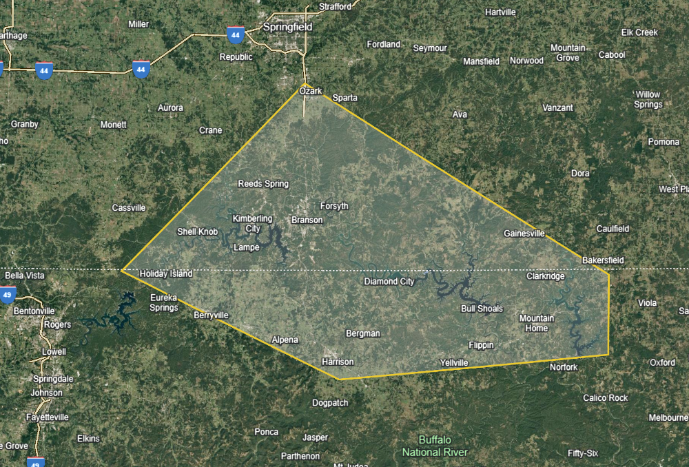 An aerial view of a country with a large triangle in the middle