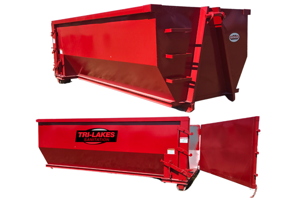 A red dumpster with the word trailers on it