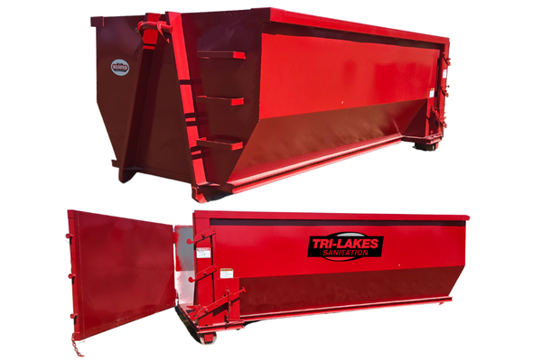 A red dumpster with the word tri-lakes on it