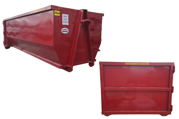 A red dumpster is sitting on a white surface