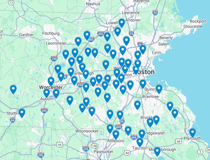 A map of the state of massachusetts with lots of pins on it.
