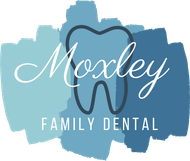 Logo for Moxley Family Dental featuring a tooth icon layered over blue watercolor-style brushstrokes.